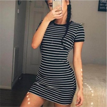 Round Neck Short-sleeved Dress Black And White Striped
